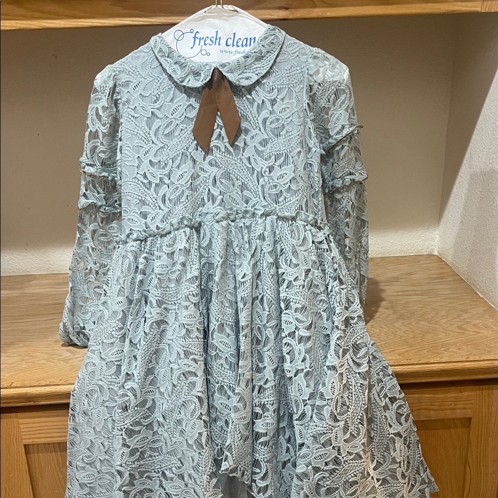 Joyfolie Lace Peter Pan Collar Dress with Brown Bow - Light Blue